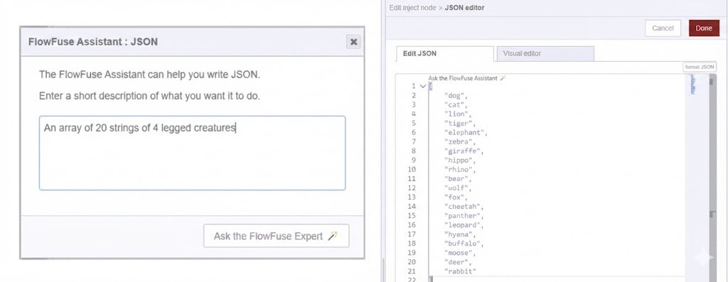 (Left) Screenshot of the AI prompt for a list of 4-legged creatures and (Right) the resulting JSON generated by the FlowFuse Expert