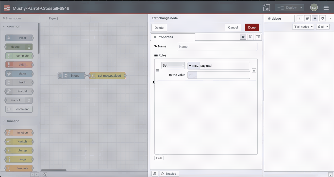 FlowFuse Expert generating test JSON data with multiple machine records including production counts and efficiency metrics