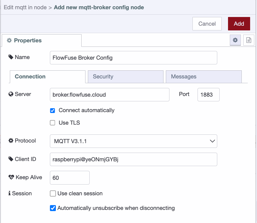 MQTT broker connection settings in Node-RED showing server, port, protocol version, and client ID fields. MQTT broker connection settings in Node-RED showing server, port, protocol version, and client ID fields.